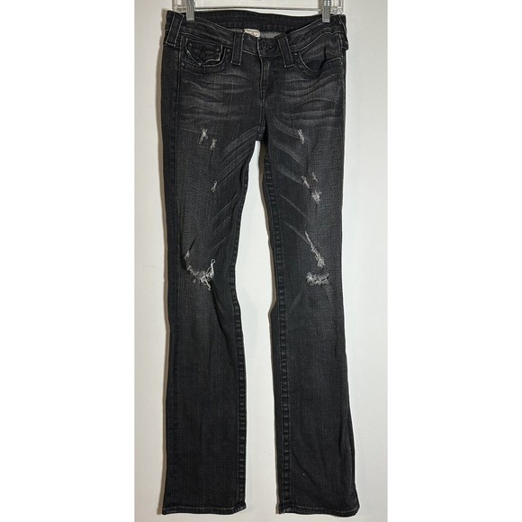 TRUE RELIGION - Women Billy Black Straight 5 Flap Pocket Distressed 29 x 33 - Picture 1 of 8